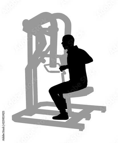 Sport man exercises in gym on fitness machine vector silhouette isolated on white. Multi functional gym equipment. Pressure for chest, legs, arms and shoulders. Pulldown, stretching, worming activity.