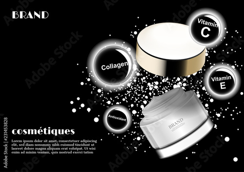 Floating opened cream with shining light balls and ingredient icons