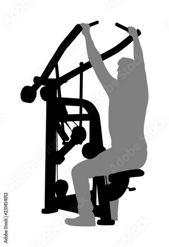 Sport man exercises in gym on fitness machine vector silhouette isolated on white. Multi functional gym equipment. Pressure for chest, legs, arms and shoulders. Pulldown, stretching, worming activity.