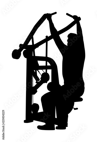 Sport man exercises in gym on fitness machine vector silhouette isolated on white. Multi functional gym equipment. Pressure for chest, legs, arms and shoulders. Pulldown, stretching, worming activity.