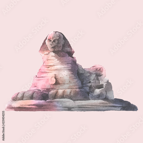 Egyptian sphinx in front of the pyramid of Giza watercolor illustration