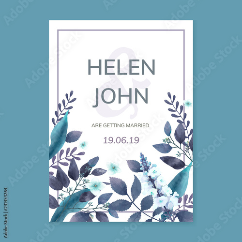 Blue themed greetings card with miniature leaves