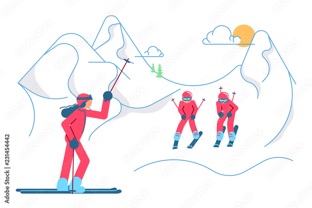 School Skiers on winter Mountain Landscape School Skiers on winter Mountain Landscape