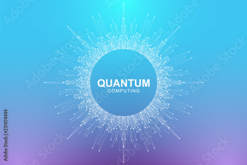Quantum computer technology concept. Deep learning artificial intelligence. Big data algorithms visualization for business, science, technology. Waves flow, dots, lines. Quantum vector illustration