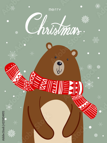 Polar Bear Scarf Cartoon with Christmas Festival and Snow Winter Vector.