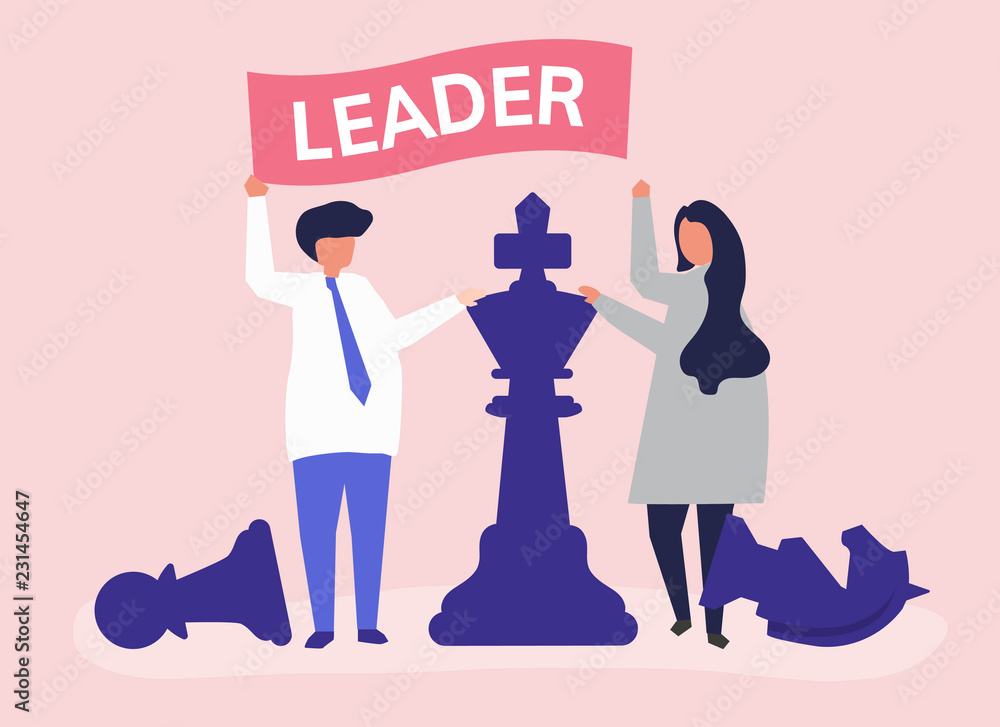 Business people with leadership flag and giant chess pieces Business people with leadership flag and giant chess pieces