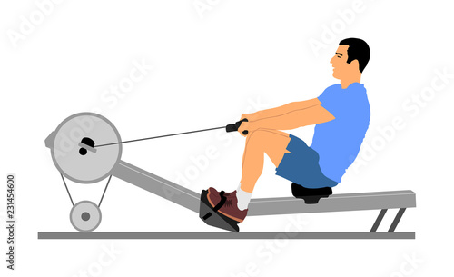 Sport man doing Seated Cable Row in gym vector illustration. Low cable pulley row seated. Fitness instructor demonstration. Personal trainer exercise on simulator gym machine. Health care.