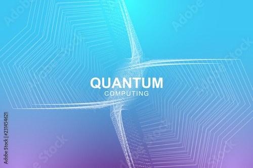 Quantum computer technology concept. Deep learning artificial intelligence. Big data algorithms visualization for business, science, technology. Waves flow, dots, lines. Quantum vector illustration