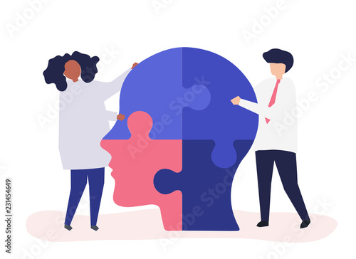 People connecting jigsaw pieces of a head together