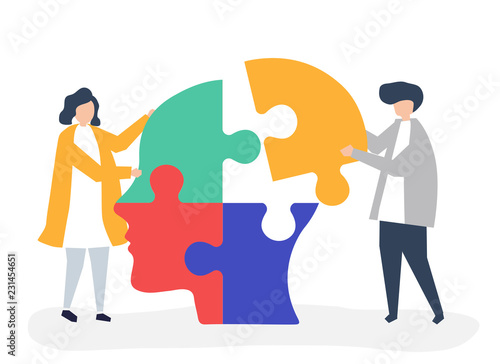 People connecting jigsaw pieces of a head together
