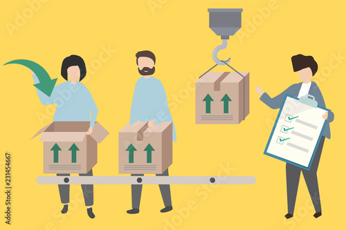 Manufacturing and packaging process in a factory illustration