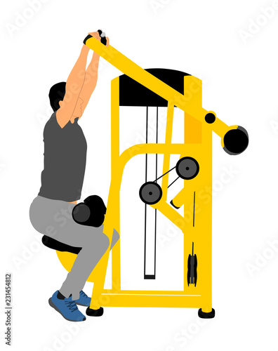 Sport man exercises in gym on fitness machine vector isolated on white background. Multi functional gym equipment. Pressure for chest, legs, arms and shoulders. Pulldown, stretching, worming activity.