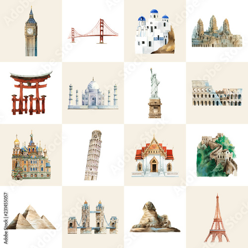 Collection of architectural landmarks painted by watercolor