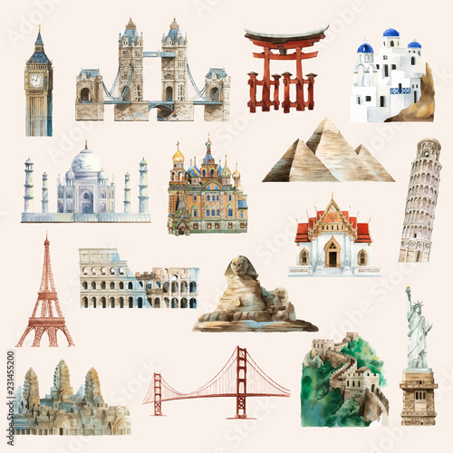 Collection of architectural landmarks painted by watercolor