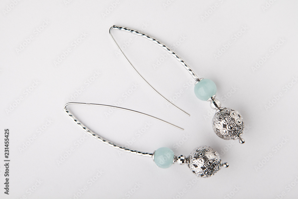silver earrings blue agate stone white background silver earrings blue agate stone white background
