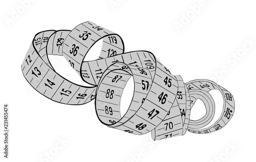 Silver measuring tape vector isolated on white background. Spiral fashion tape measure vector illustration. Construction, engineering, repair concept. Fashion work instrument. Sartorial meter.