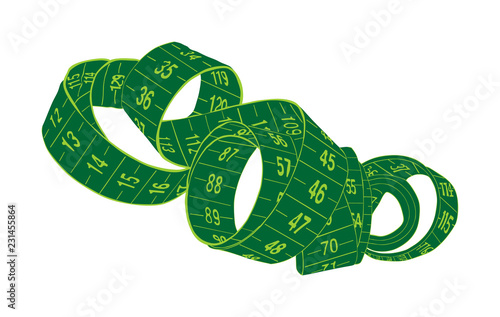 Green measuring tape vector isolated on white background. Spiral fashion tape measure vector illustration. Construction, engineering, repair concept. Fashion work instrument. Sartorial meter.
