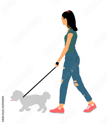 Owner handsome girl walking with dog vector illustration, isolated on white background. Maltese dog. Lady with cute puppy outdoor. Woman recreation walk with little friend after work. Relax time.