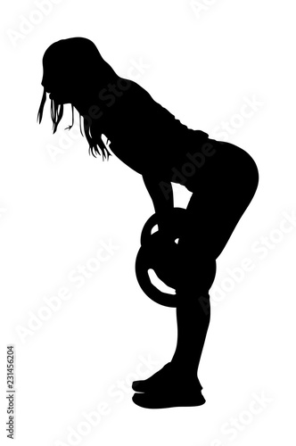 Sport bodybuilding. Young woman with barbell flexing muscles and making shoulder press squat in gym vector silhouette. Weightlifter, bodybuilder training. Personal trainer workout. Fit lady exercise