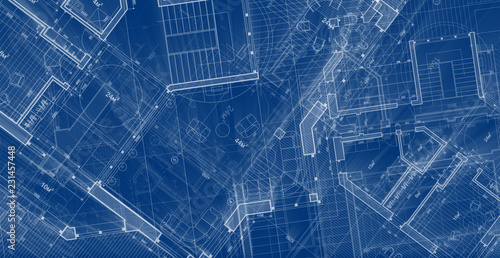 Architecture design: blueprint plan - illustration of a plan modern residential building / technology, industry, business concept illustration: real estate, building, construction, architecture
