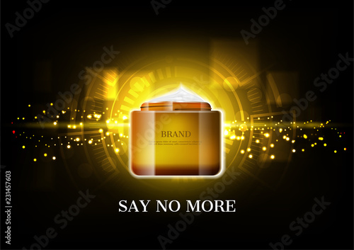 Premium cosmetic cream with glowing gold dust and faded abstract clock on dark background