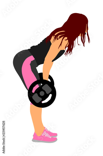 Sport bodybuilding. Young woman with barbell flexing muscles and making shoulder press squat in gym vector illustration. Weightlifter, bodybuilder training. Personal trainer workout. Fit lady exercise