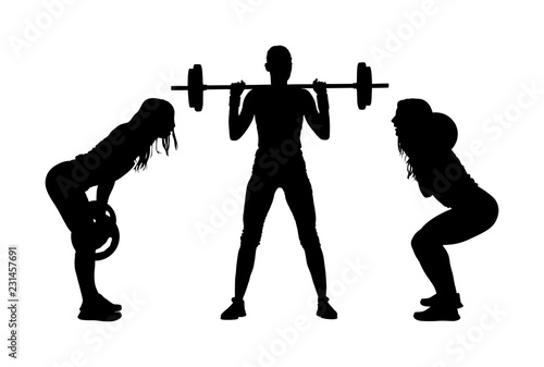 Sport bodybuilding. Young woman with barbell flexing muscles and making shoulder press squat in gym vector silhouette. Weightlifter, bodybuilder training. Personal trainer workout. Fit lady exercise