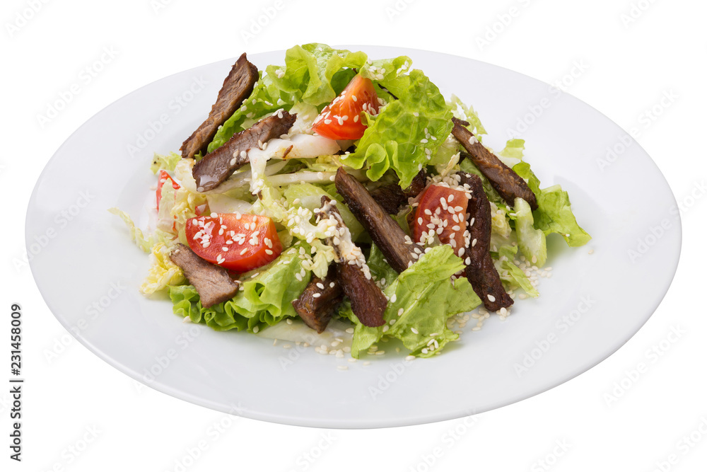 fresh vegetable salad with meat, fitness diet, on a white background, isolate fresh vegetable salad with meat, fitness diet, on a white background, isolate