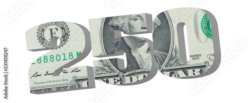 250 3d render illustration. American dollar banknotes. Money texture. Isolated on white background