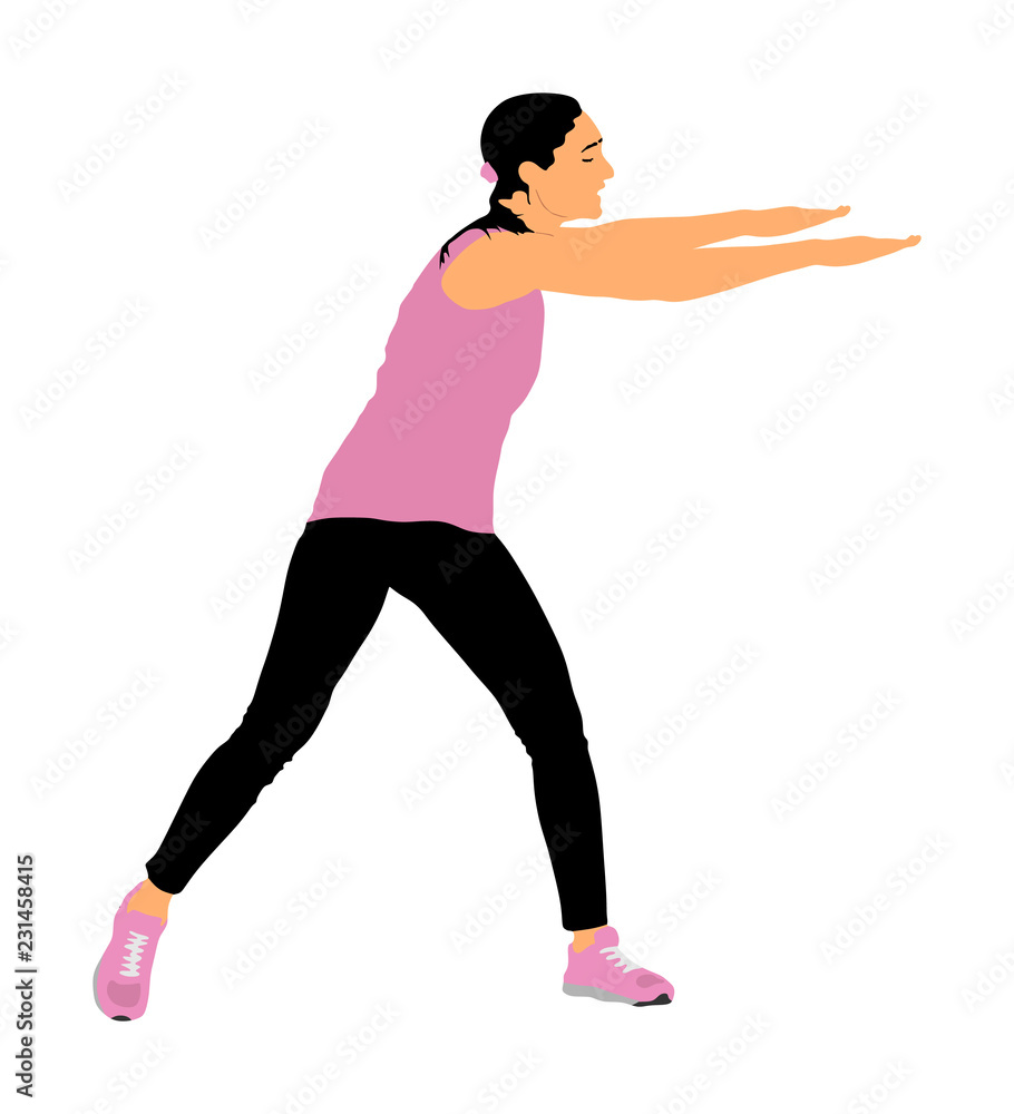 Fitness woman instructor exercise on training in gym vector. Losing weight, bodybuilder. Personal trainer workout. Fit sport lady. Handsome girl stretching and worming up. Female athlete skill.