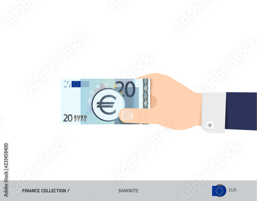 20 Euro Banknote. Hand gives money. Flat style vector illustration. Salary payout or corruption concept.