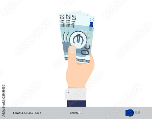 20 Euro Banknote. Hand gives money. Flat style vector illustration. Salary payout or corruption concept.