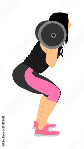 Sport bodybuilding. Young woman with barbell flexing muscles and making shoulder press squat in gym vector illustration. Weightlifter, bodybuilder training. Personal trainer workout. Fit lady exercise