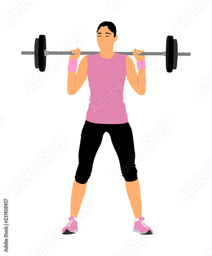 Sport bodybuilding. Young woman with barbell flexing muscles and making shoulder press squat in gym vector illustration. Weightlifter, bodybuilder training. Personal trainer workout. Fit lady exercise