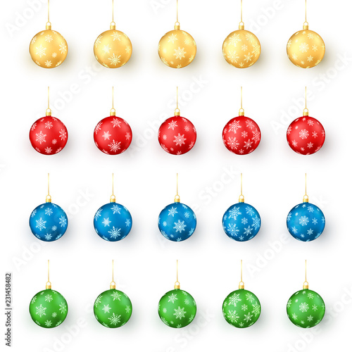 Colorful Christmas balls set. Realistic set of holiday xmas balls decorated by snowflakes. Vector illustration