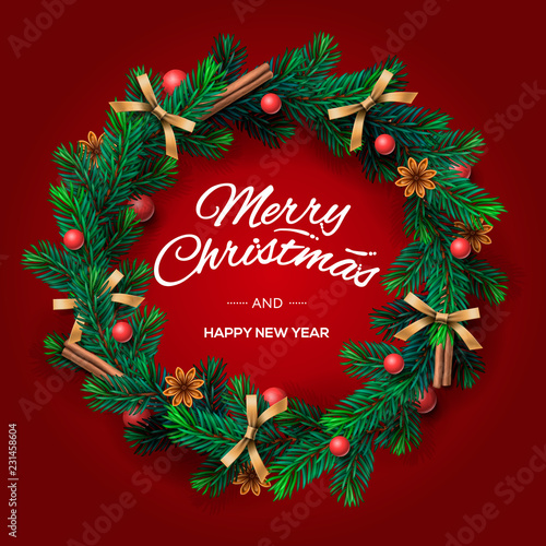 Christmas wreath made of naturalistic looking pine branches decorated with gold bows  red berries and spices  vector illustration.