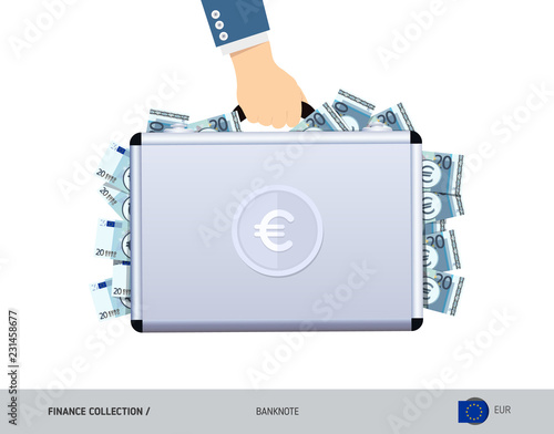 Hand holds a metal case with 20 Euro Banknotes. Flat style vector illustration. Salary payout or corruption concept.