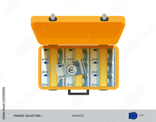 Yellow case with 20 Euro Banknotes. Flat style vector illustration. Salary payout or corruption concept.