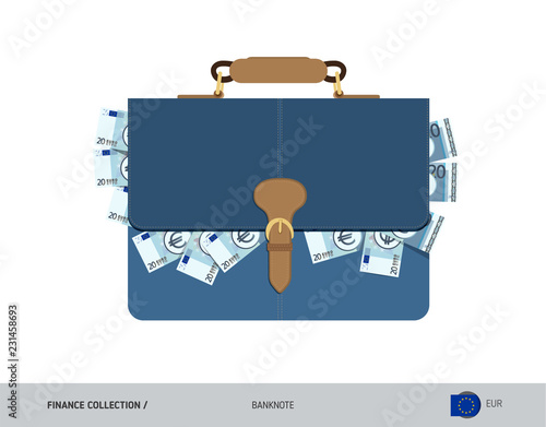 Leather briefcase with 20 Euro Banknotes. Flat style vector illustration. Salary payout or corruption concept.