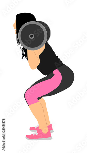 Sport bodybuilding. Young woman with barbell flexing muscles and making shoulder press squat in gym vector illustration. Weightlifter, bodybuilder training. Personal trainer workout. Fit lady exercise