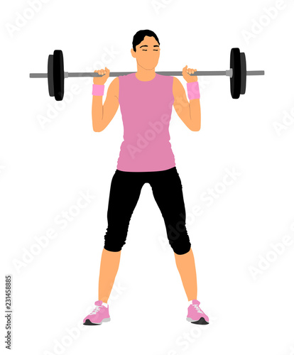 Sport bodybuilding. Young woman with barbell flexing muscles and making shoulder press squat in gym vector illustration. Weightlifter, bodybuilder training. Personal trainer workout. Fit lady exercise
