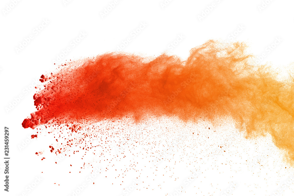 Orange powder explosion on white background. Colored cloud. Colorful dust explode. Paint Holi.