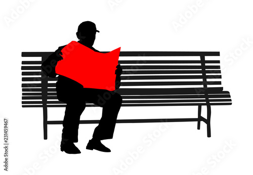 Senior, mature man sitting on a bench in park vector silhouette. Grandfather outdoor relaxing. Gentleman with glasses sitting on a wooden chair and reading a newspaper in a park. Pensioner time.