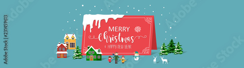 Merry Christmas and Happy New Year. Illustration of winter village celebration scene greetings template.