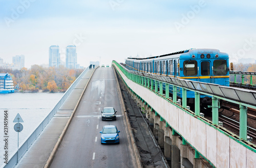 Train on the metro subway bridge over the river Dnieper in Kiev, Ukraine