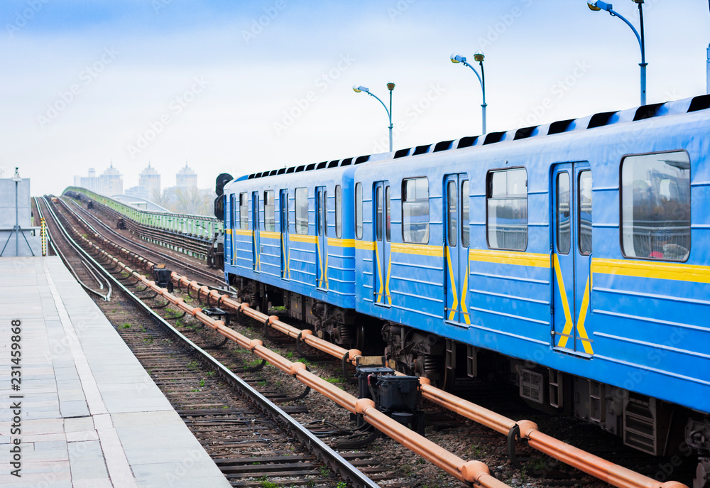 Train on the metro subway bridge over the river Dnieper in Kiev, Ukraine