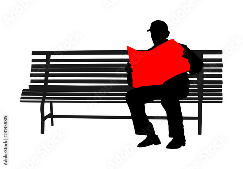 Senior, mature man sitting on a bench in park vector silhouette. Grandfather outdoor relaxing. Gentleman with glasses sitting on a wooden chair and reading a newspaper in a park. Pensioner time.
