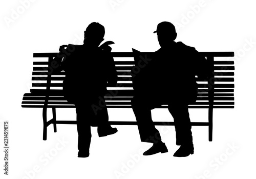 Two pensioners read newspapers on the bench in park. Vector silhouette isolated on white background. Senior friends relaxing outdoor. Retail old man. Grandpa and veteran neighbor speaking in public.