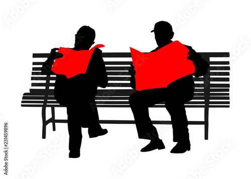 Two pensioners read newspapers on the bench in park. Vector silhouette isolated on white background. Senior friends relaxing outdoor. Retail old man. Grandpa and veteran neighbor speaking in public.