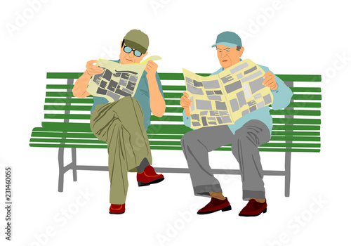 Two pensioners read newspapers on the bench in park. Vector illustration isolated on white background. Senior friends relaxing outdoor. Retail old man. Grandpa and veteran neighbor speaking in public.